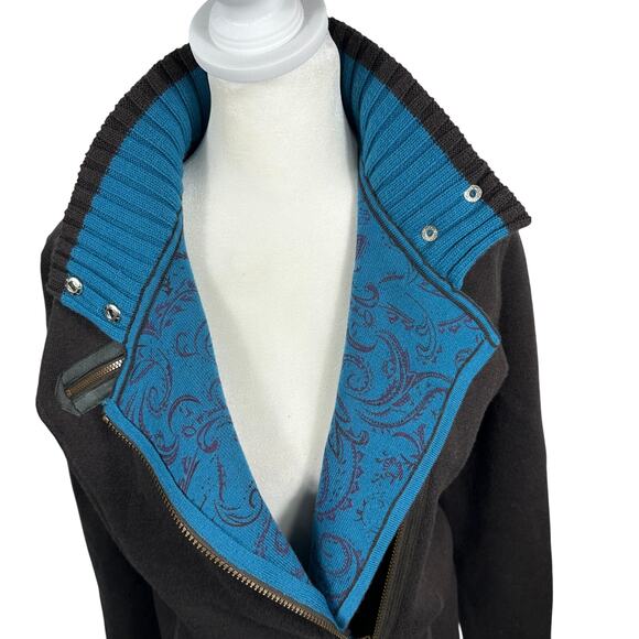 Title Nine Wool Blend Moto Knit Sweater XS Brown Teal Asymmetrical Zip Jacket - Picture 13 of 14